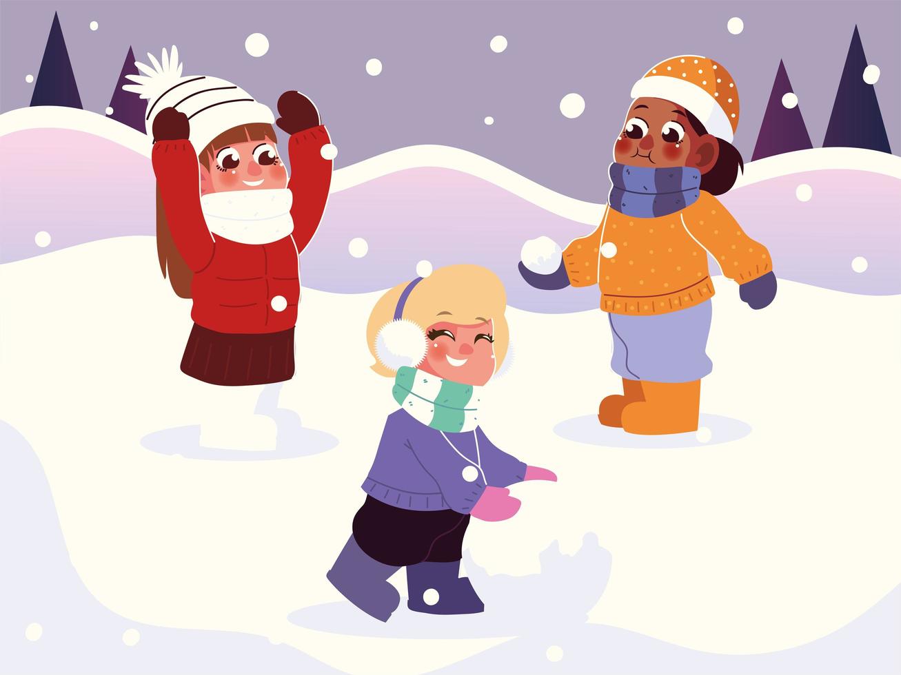 cute little girls with warm clothes playing falling snow vector