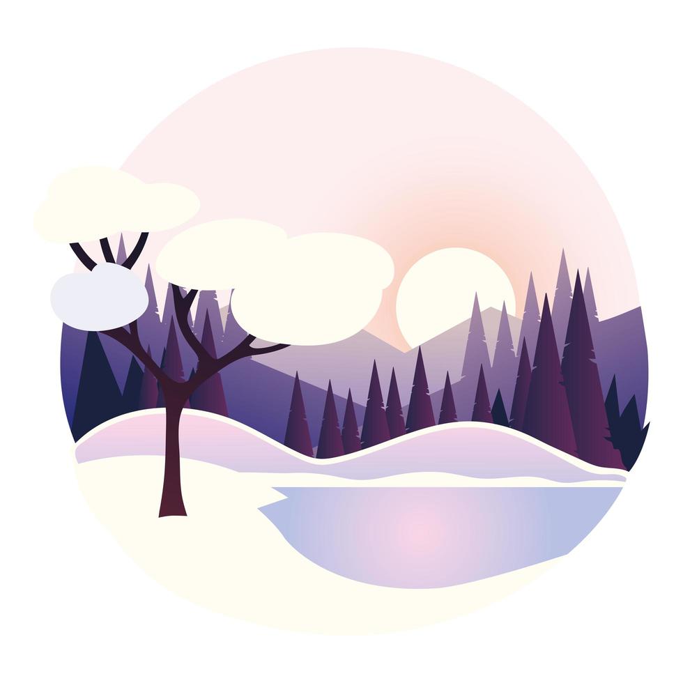 winter landscape pine forest mountains round design vector