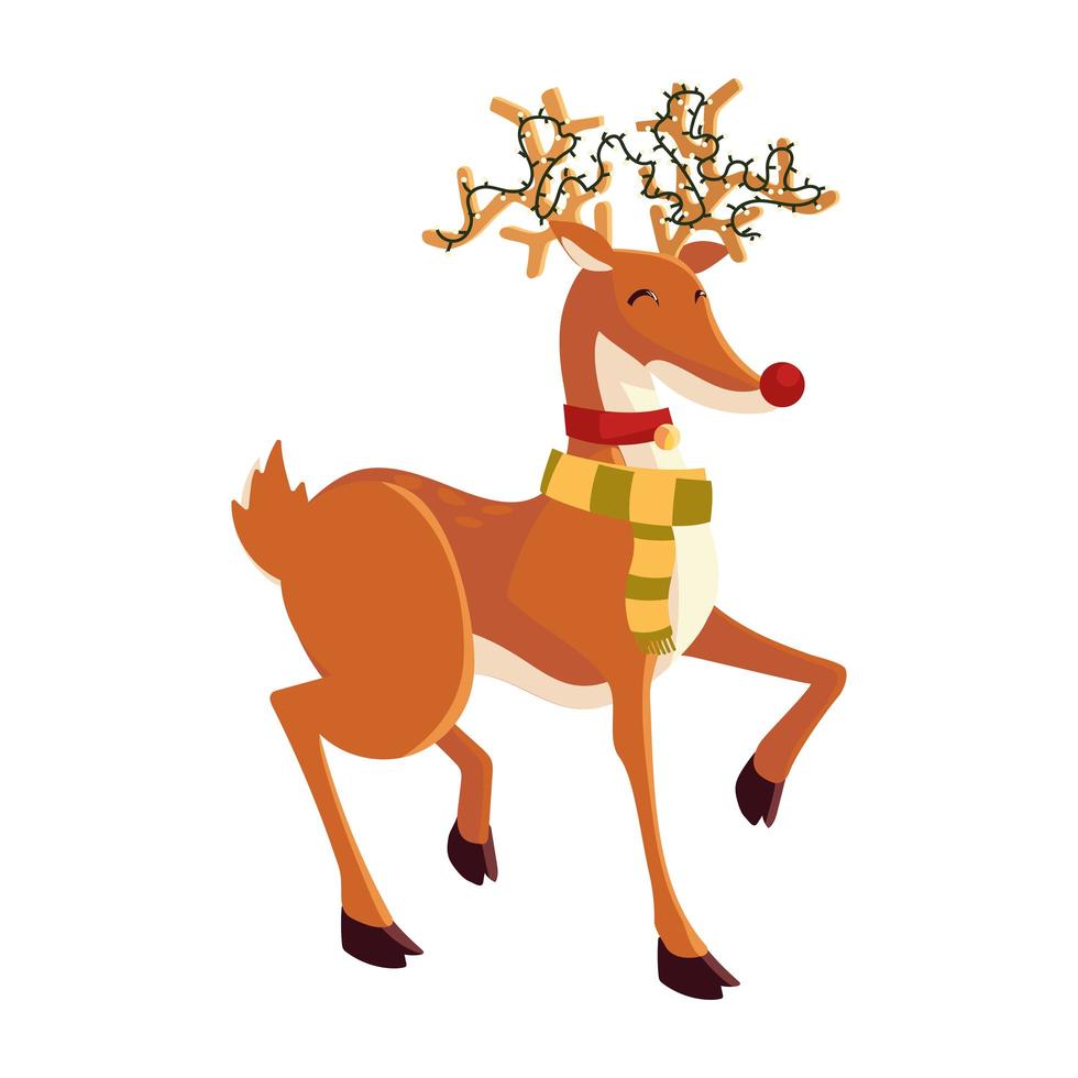 reindeer with tangled lights and scarf cartoon christmas on white background vector