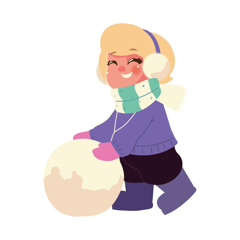 happy kid with earmuffs and scarf playing with snowball vector