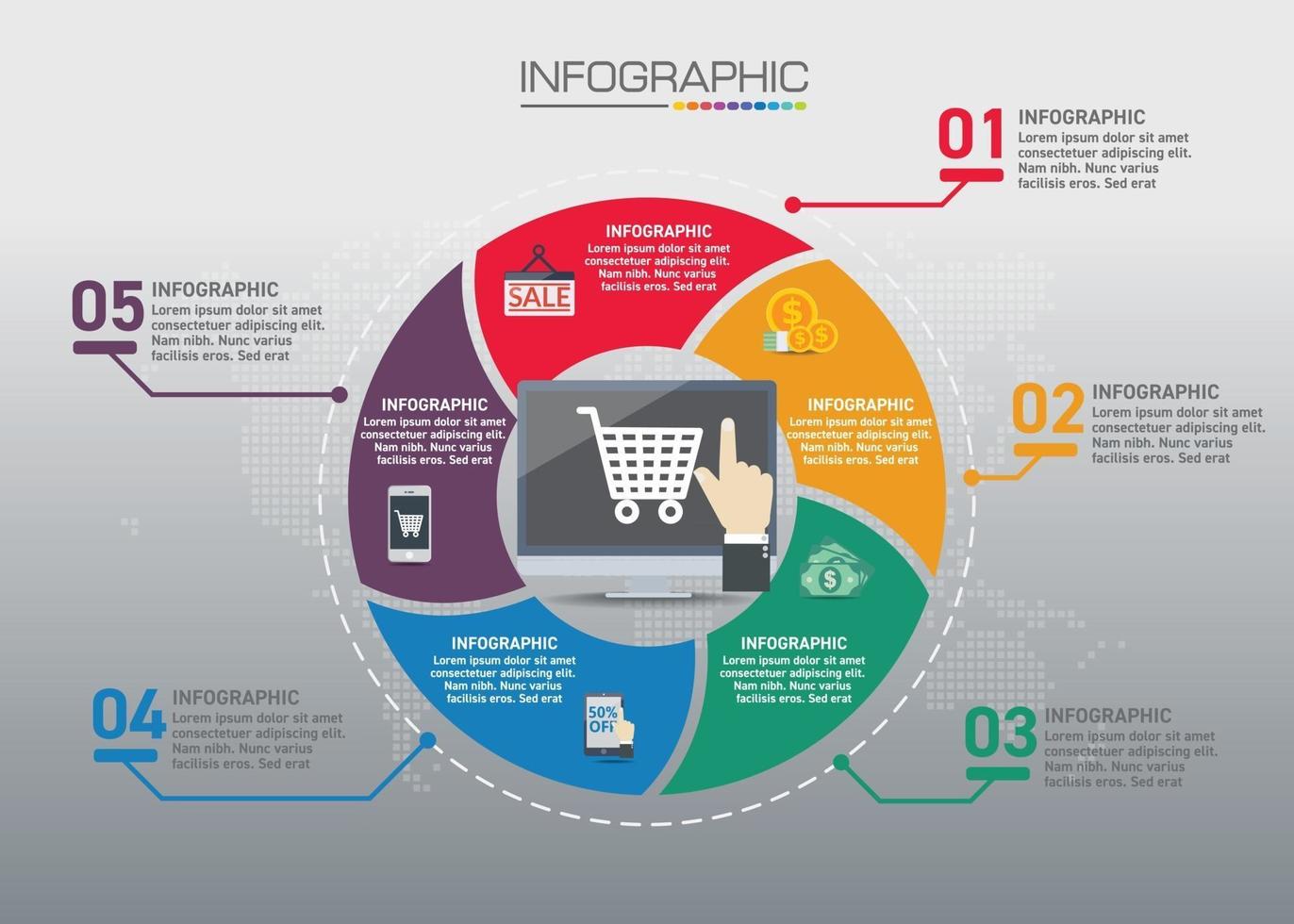 gráfico infográfico con concepto de compra, se pueden utilizar 5 opciones para el concepto de negocio con 5 pasos. vector