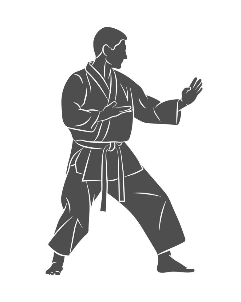 Silhouette man in kimono training karate on a white background Vector illustration