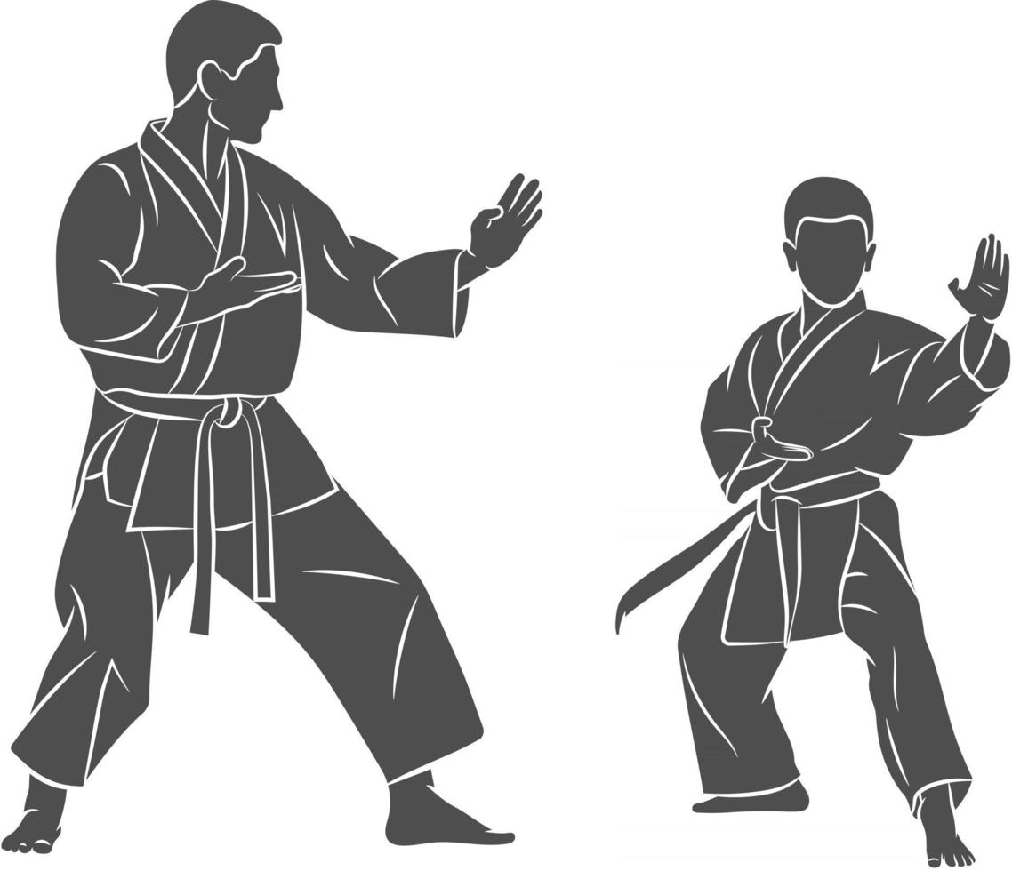 Entrenador de silueta con un joven en kimono entrenamiento de karate en una ilustración de vector de fondo blanco