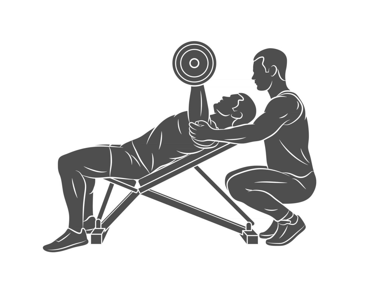 Silhouette trainer helps a man to train his chest with dumbbells on the bench press on a white background Vector illustration