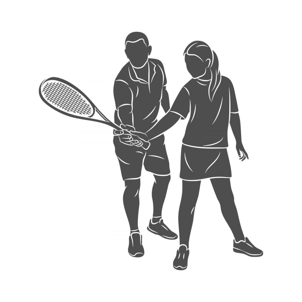 entrenador de silueta ayuda a una mujer joven a hacer un ejercicio con una raqueta en su mano derecha en squash sobre un fondo blanco ilustración de vector de entrenamiento de juego de squash