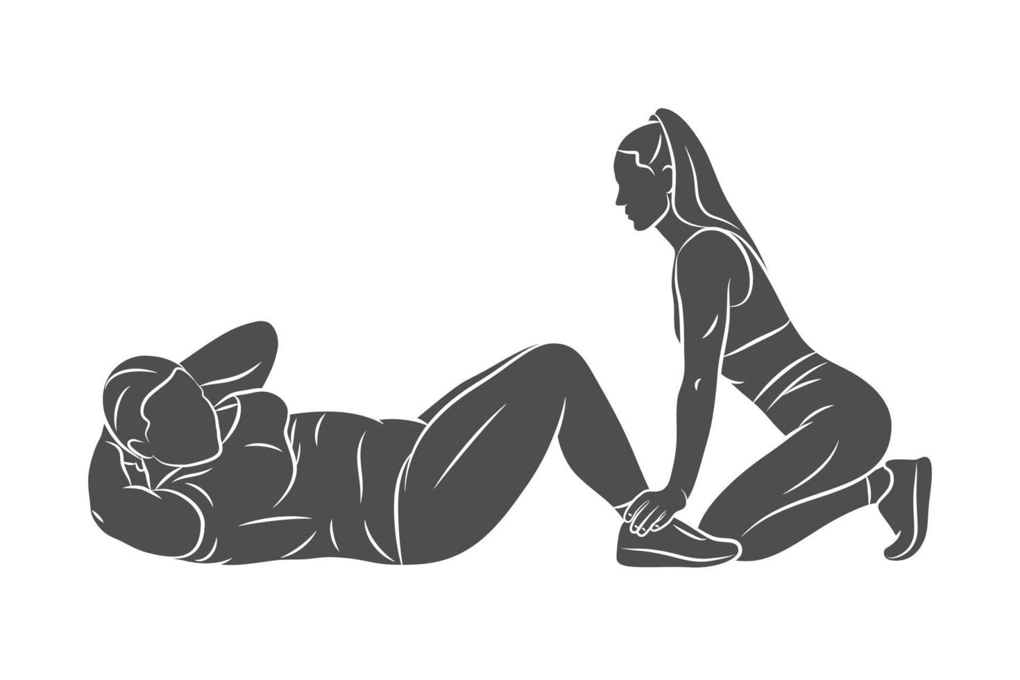 silueta joven mujer de talla grande hace un ejercicio de prensa con un entrenador sobre un fondo blanco ilustración vectorial mejora los músculos abdominales fitness pérdida de peso vector