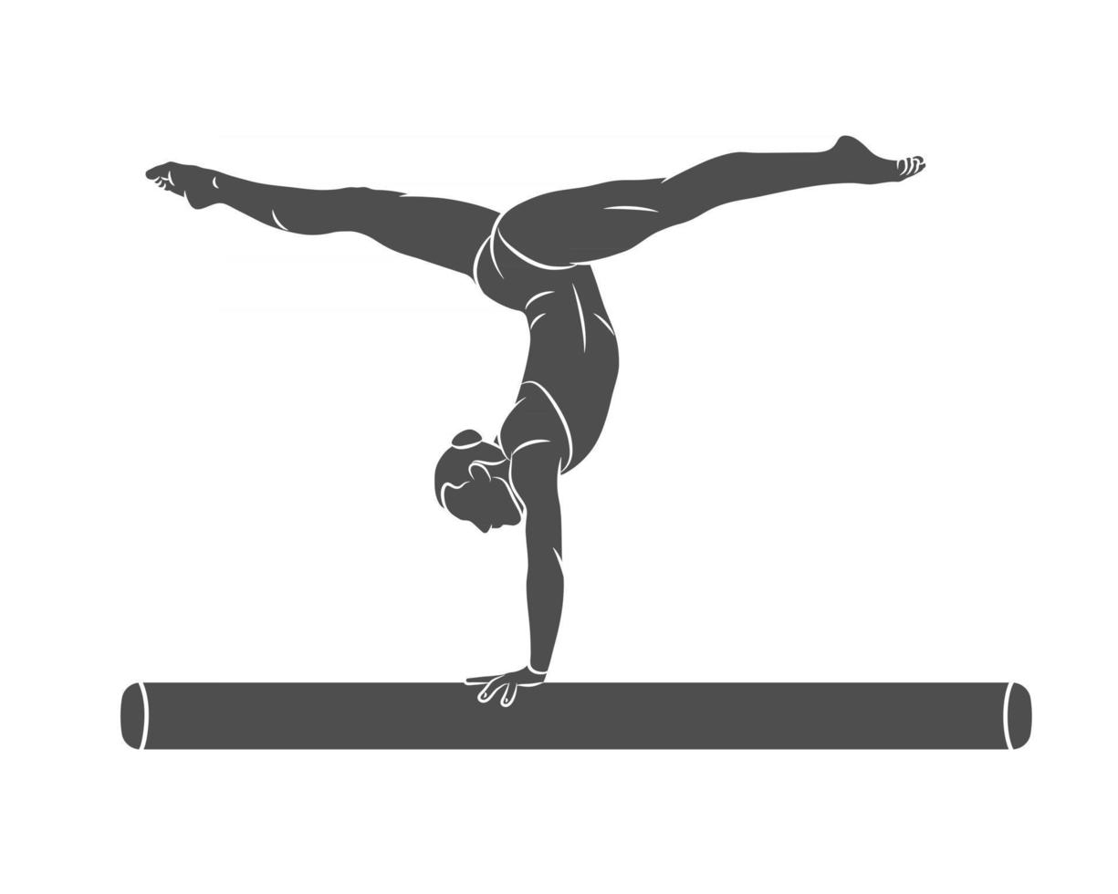 Atleta femenina silueta haciendo un complicado truco emocionante en la viga de equilibrio de gimnasia en una ilustración de vector de fondo blanco