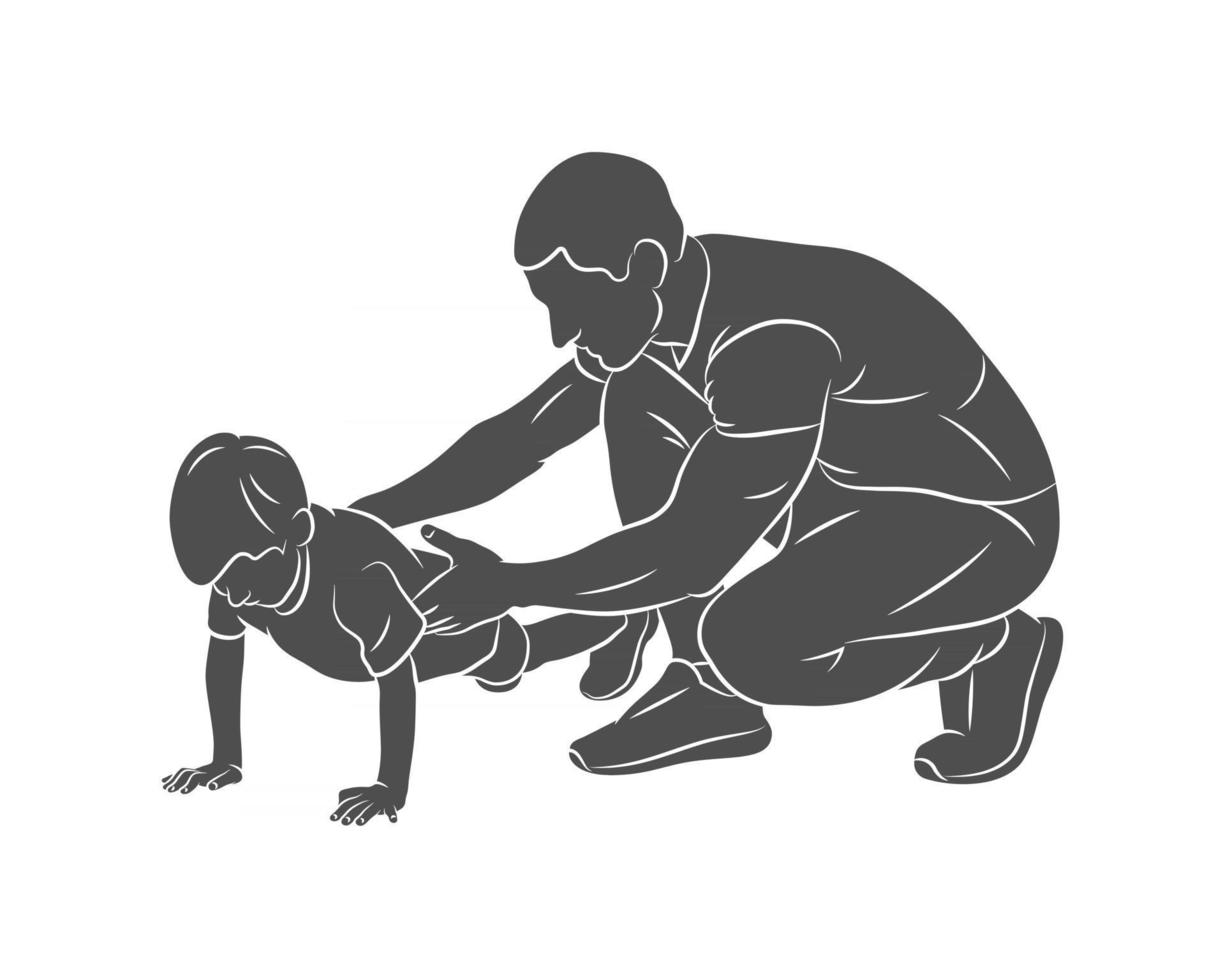 Trainer helps a young boy do push-UPS from the floor on a white background Vector illustration Physical education classes Children Fitness