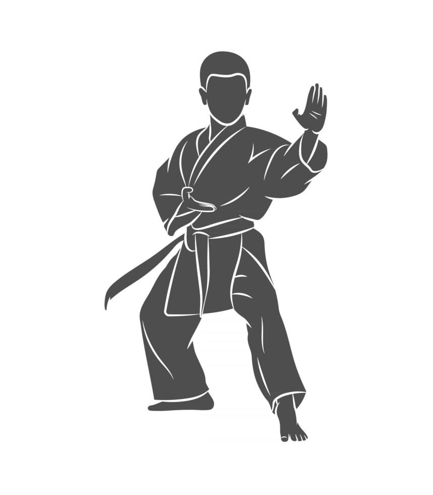 silueta, niño joven, en, kimono, entrenamiento, karate, en, un, fondo blanco, vector, ilustración vector