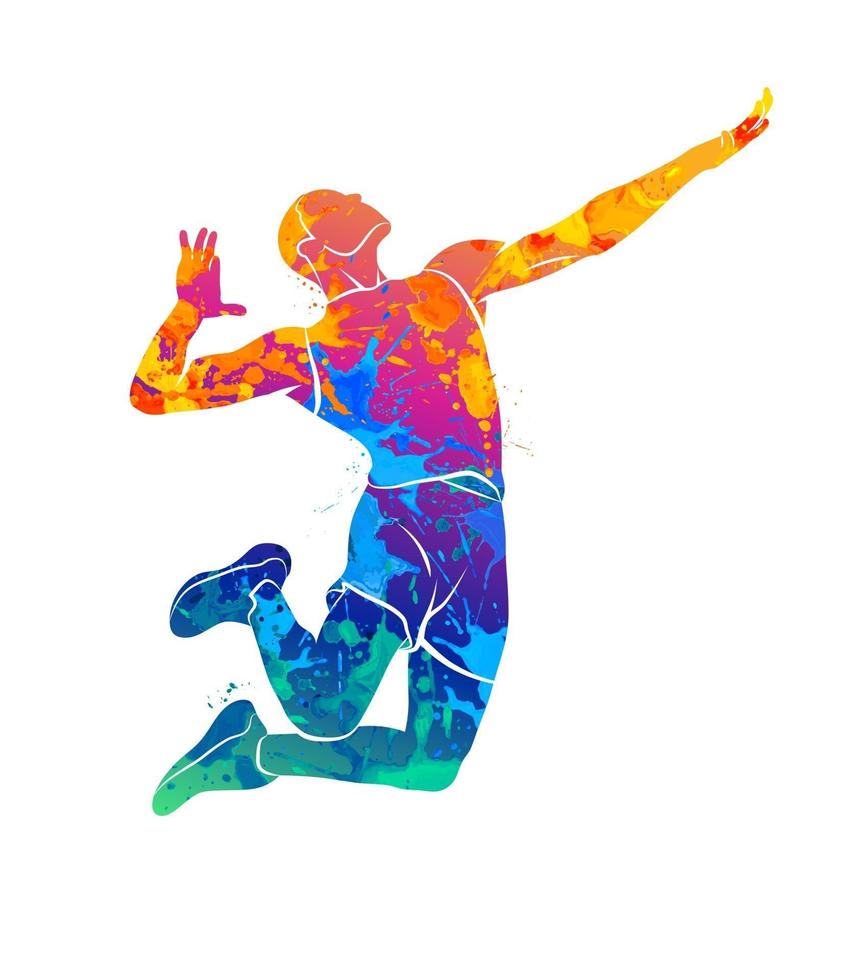 Abstract volleyball player jumping from a splash of watercolors Vector illustration of paints