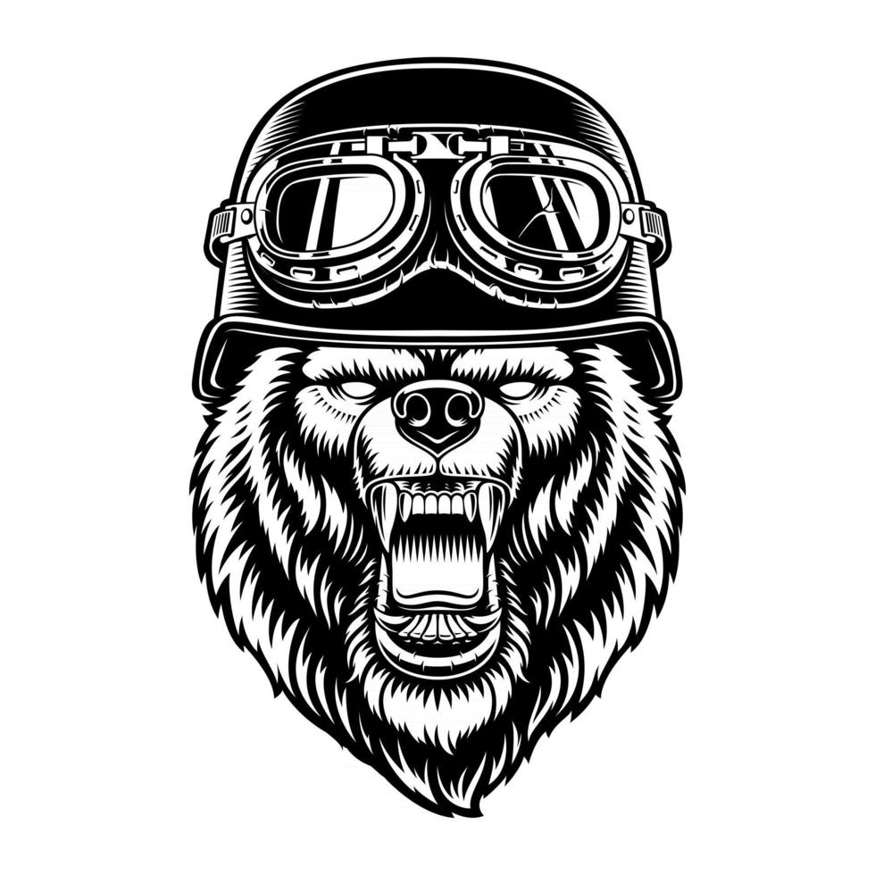 Ilustración vectorial en blanco y negro de un oso en casco de motociclista vector