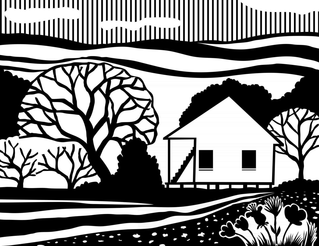 Casa cajún casa de campo criolla o vivienda de estilo acadiano o arquitectura en estilo de plantilla retro en blanco y negro vector