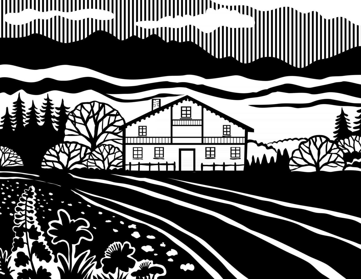 Swiss Chalet Style House in the Meadows of Switzerland in Black and White Retro Stencil Style vector