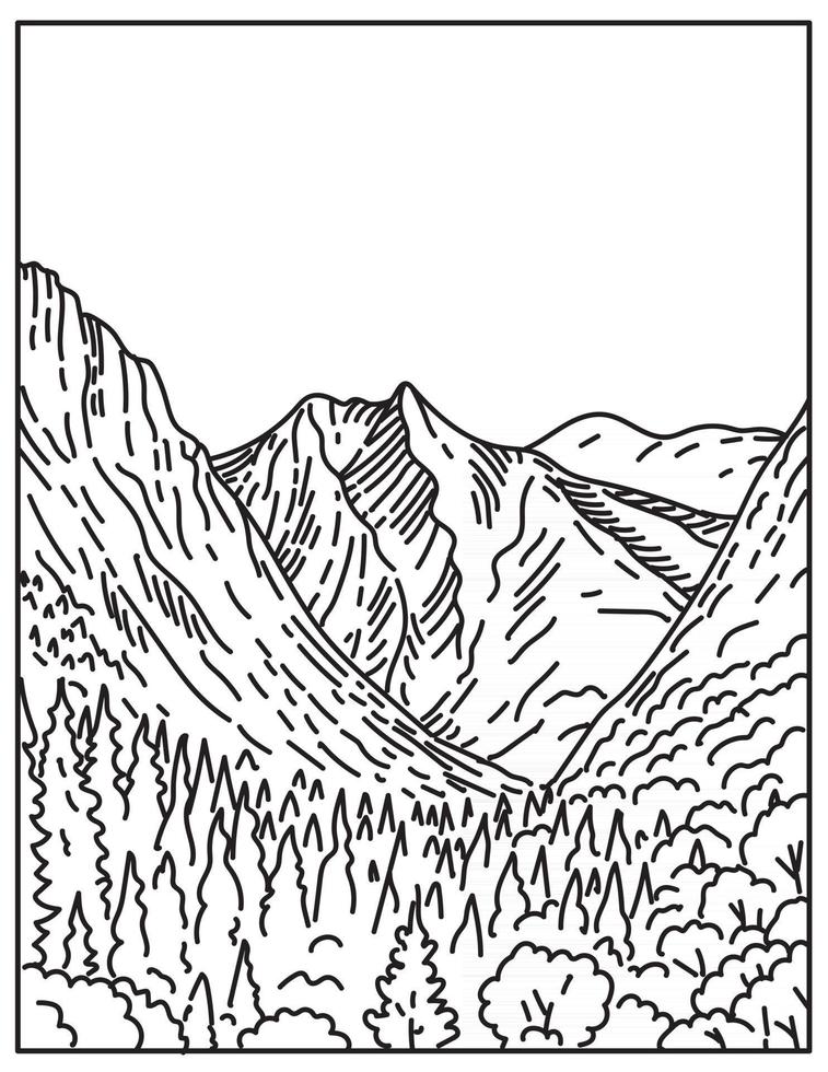 Kings Canyon from Paradise Valley in Kings Canyon National Park within Sierra Nevada California United States Mono Line or Monoline Black and White Line Art vector