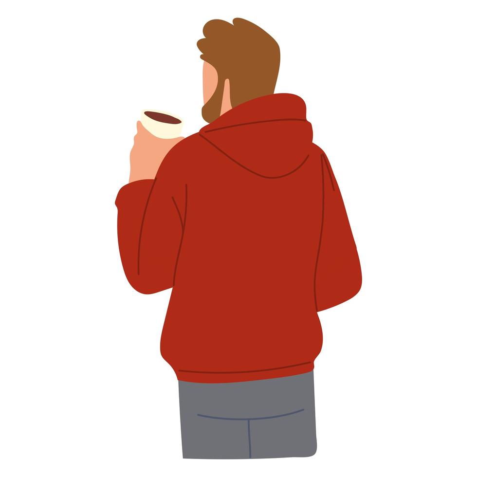 bearded man holds disposable coffee cup, back view vector