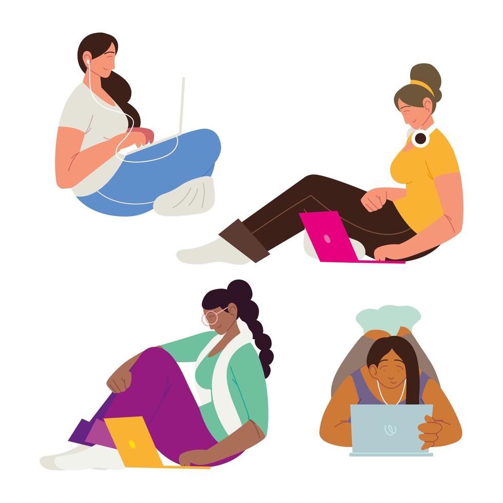 females using laptops vector