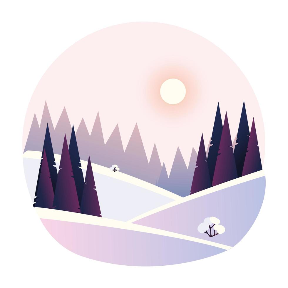 colinas de paisaje de invierno con nieve, bosque, árboles en un día soleado vector