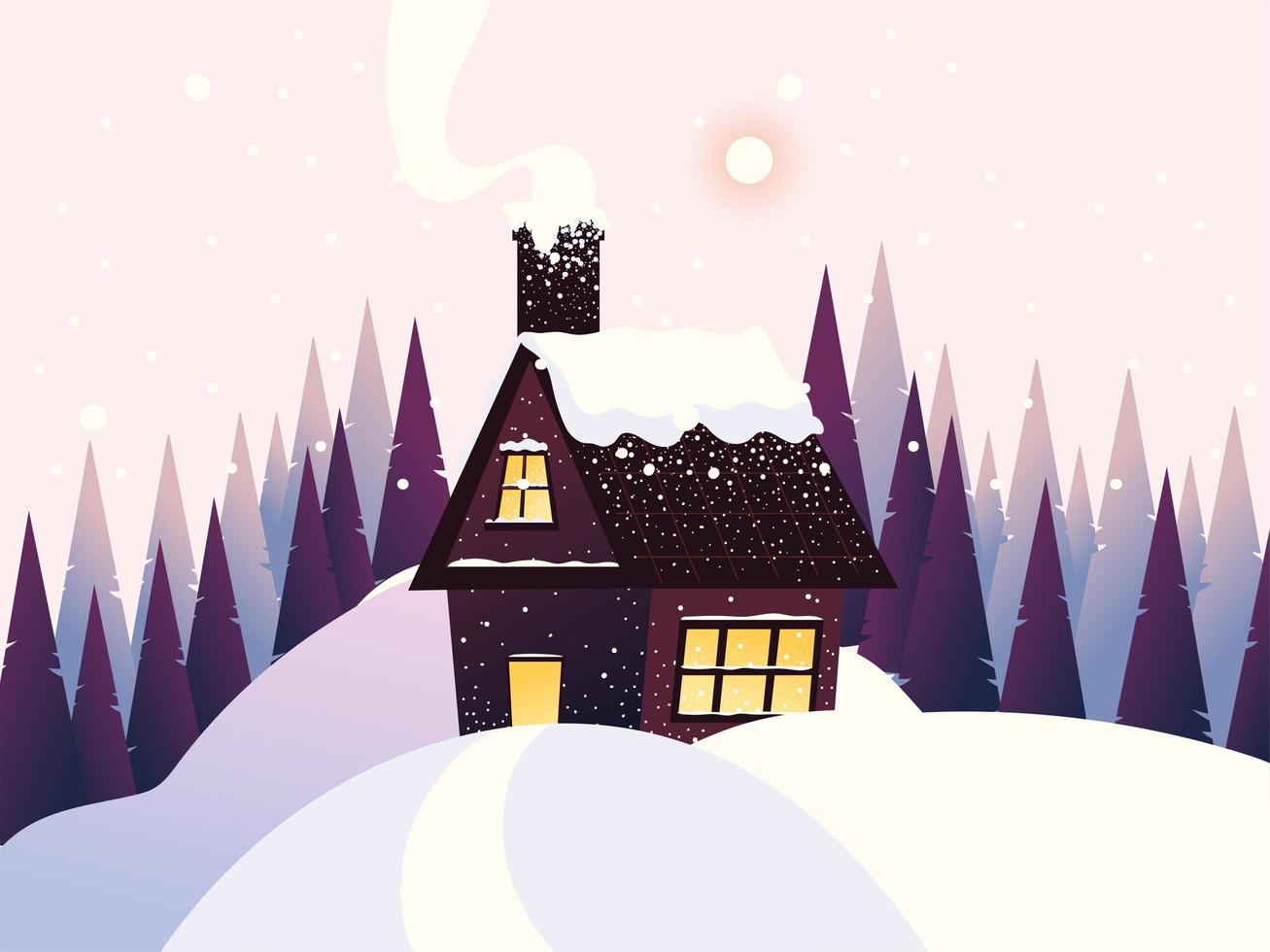 paisaje invernal, cabaña con chimenea, nieve y pinos vector