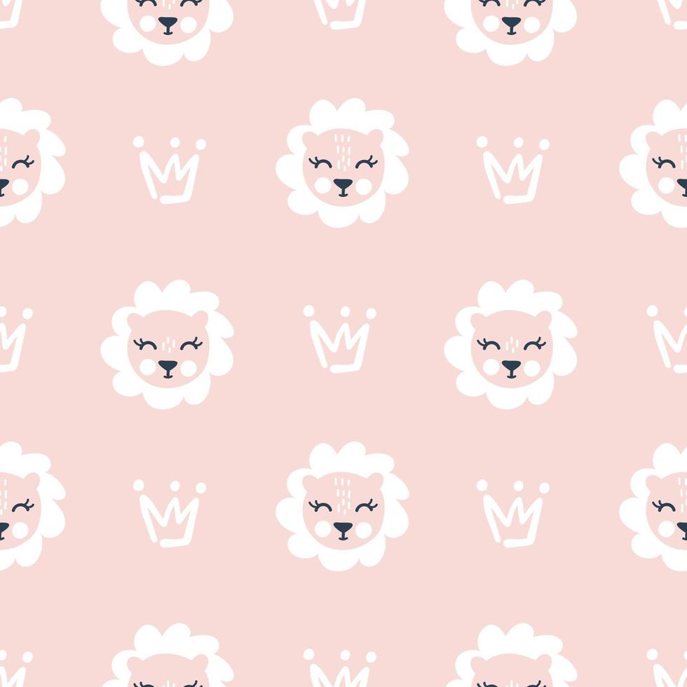 Hand drawn cute lioness and crown vector illustration seamless pattern on pink background kids girl. Simple repeated texture with scandinavian elements. Template for baby textile