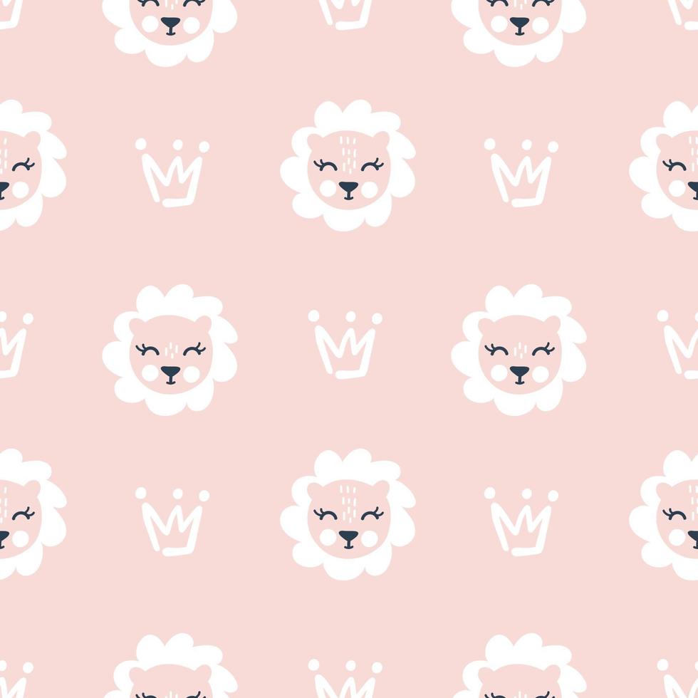 Hand drawn cute lioness and crown vector illustration seamless pattern on pink background kids girl. Simple repeated texture with scandinavian elements. Template for baby textile