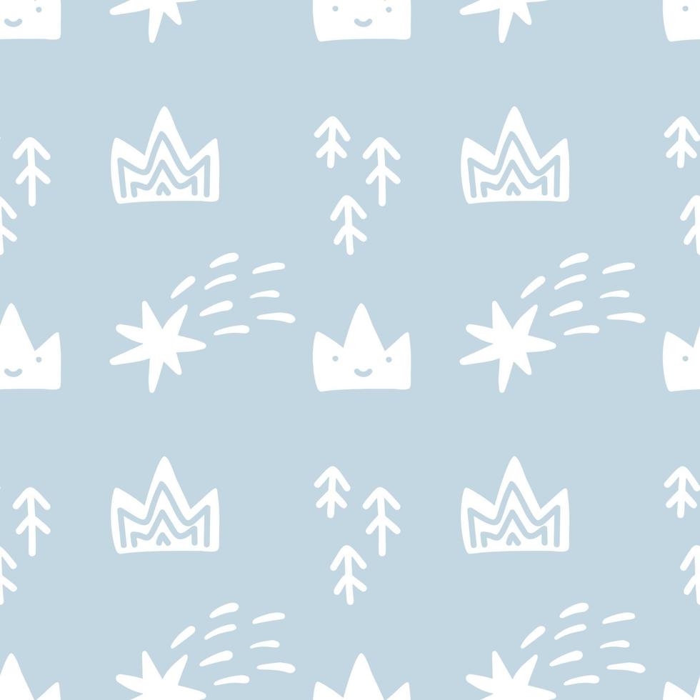 Hand drawn cute crown, fir trees and comets. Vector illustration seamless pattern. Simple repeated texture with scandinavian elements. Template for baby boy textile and wrapping paper