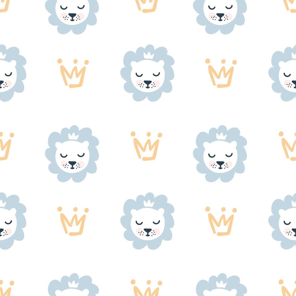 Hand drawn cute lion and crown vector illustration seamless pattern baby boy. Simple repeated texture with scandinavian elements. Template for baby textile and wrapping paper