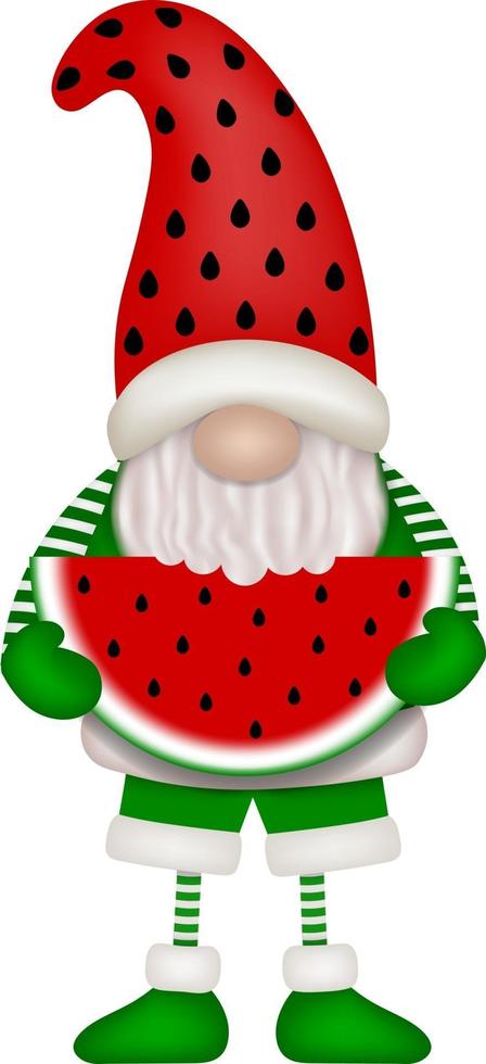 funny gnome with a slice of watermelon vector