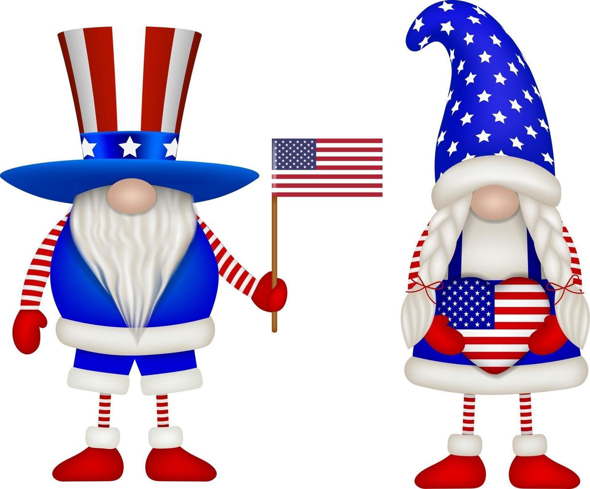 male and female gnomes with american flag colors vector