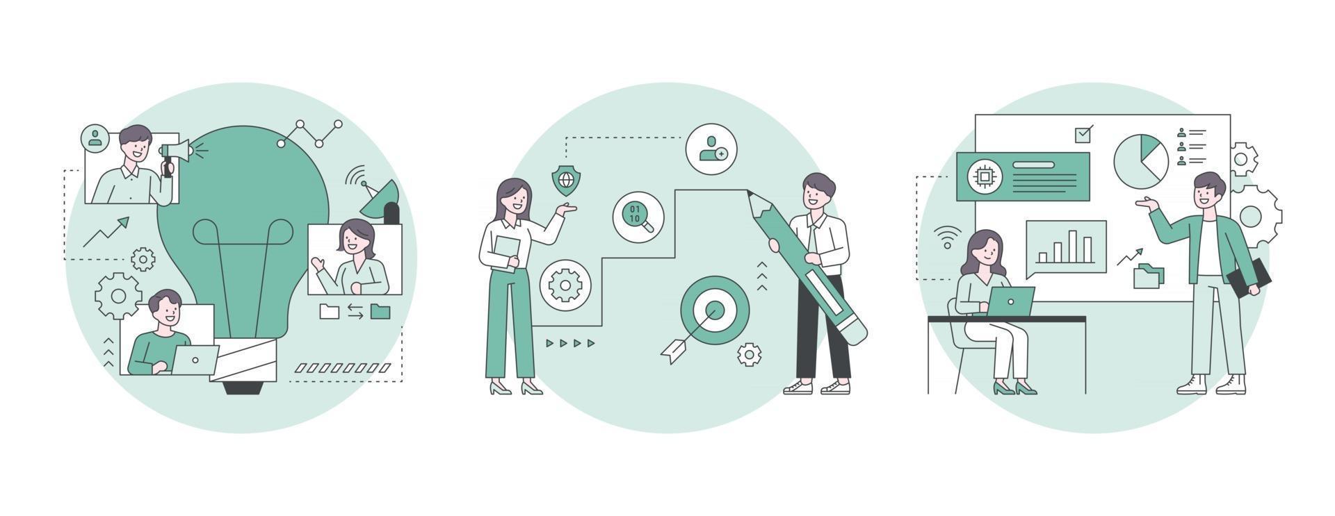 People who think of ideas, people who draw graphs with pencils, people who present materials while looking at the screen. Outline flat design style minimal vector illustration set.