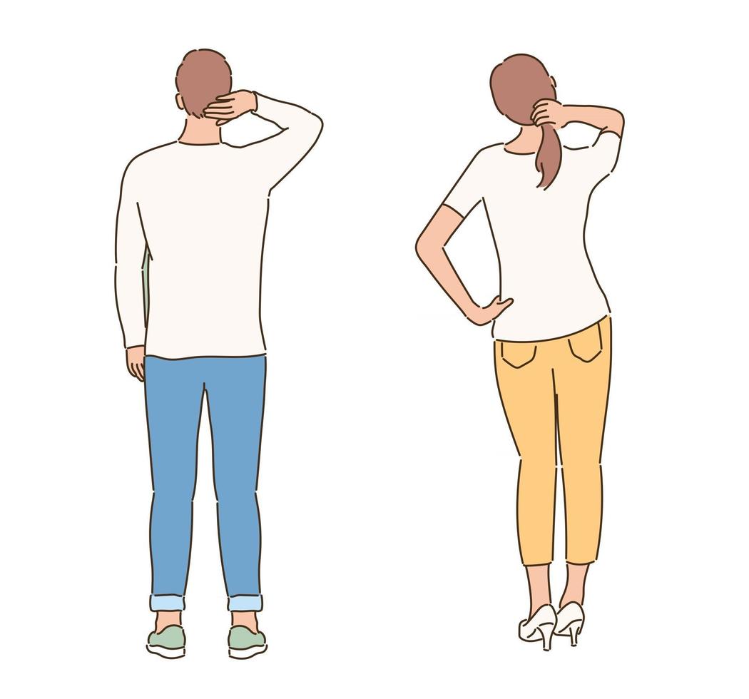 Back view of a man and a woman holding the back of their necks. hand drawn style vector design illustrations.