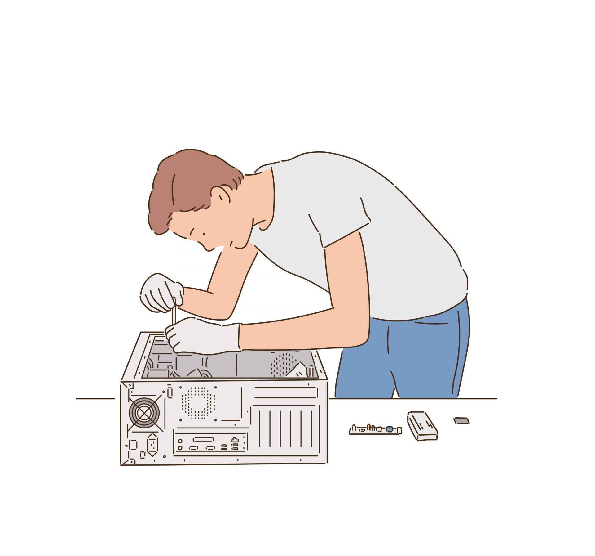 A repairman is fixing a computer. hand drawn style vector design