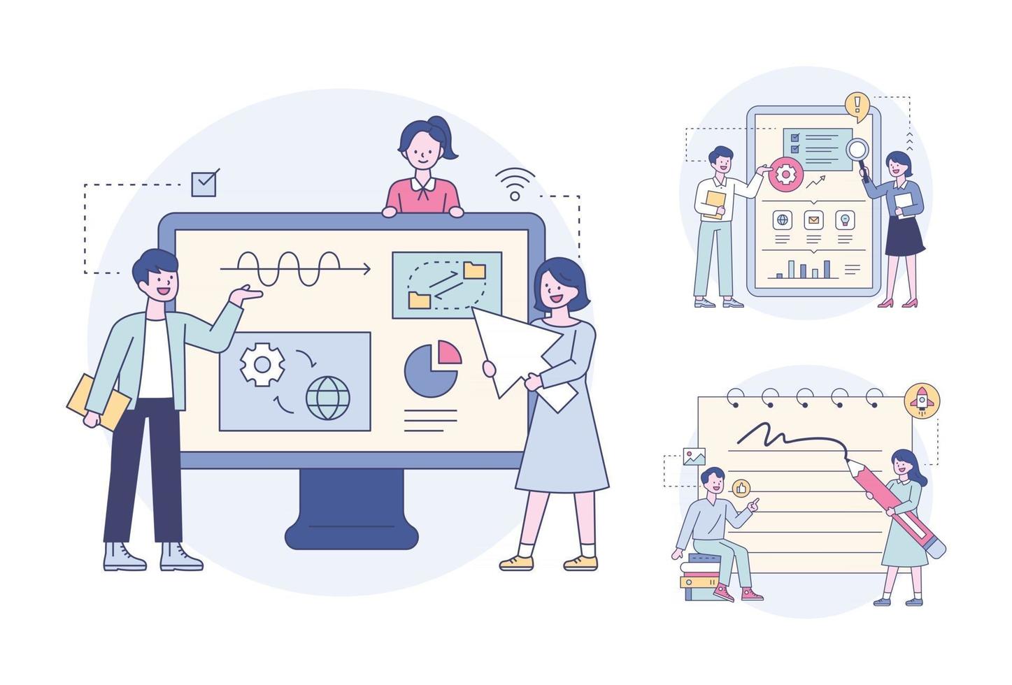 Experts are analyzing the data on the monitor. Outline flat design style minimal vector illustration set.