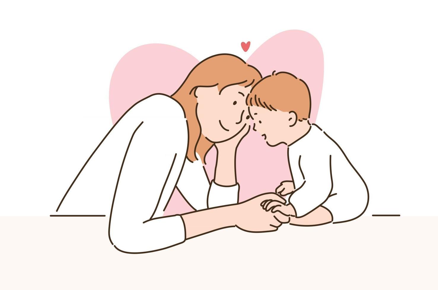 A mother is looking lovingly at her baby. hand drawn style vector design illustrations.