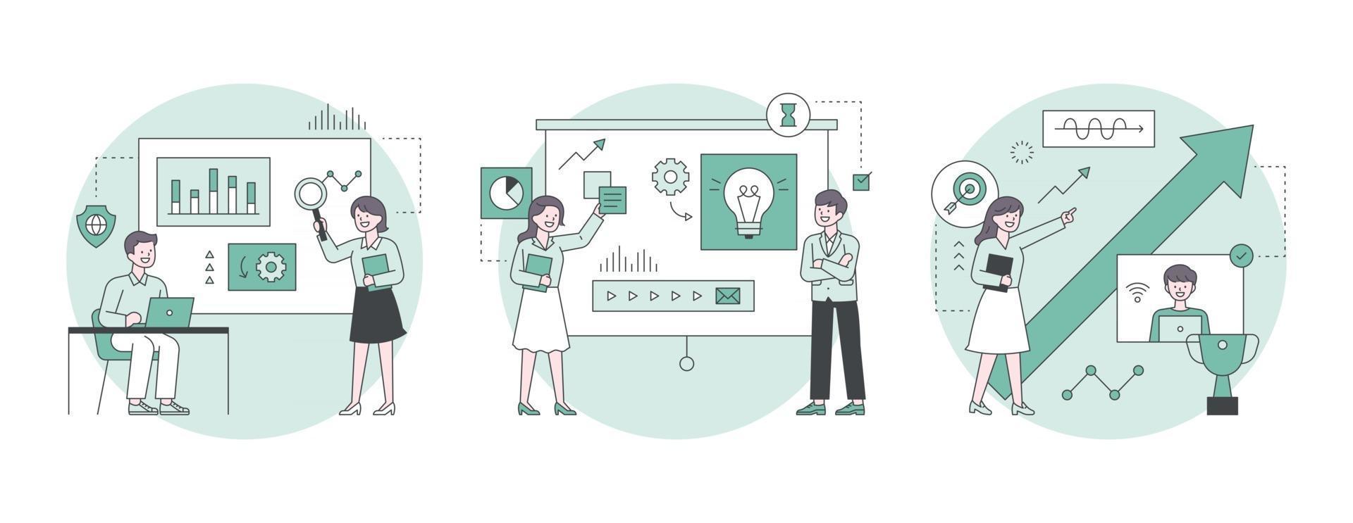 People who analyze graphs, people presenting ideas, people looking at growth graphs. Outline flat design style minimal vector illustration set.
