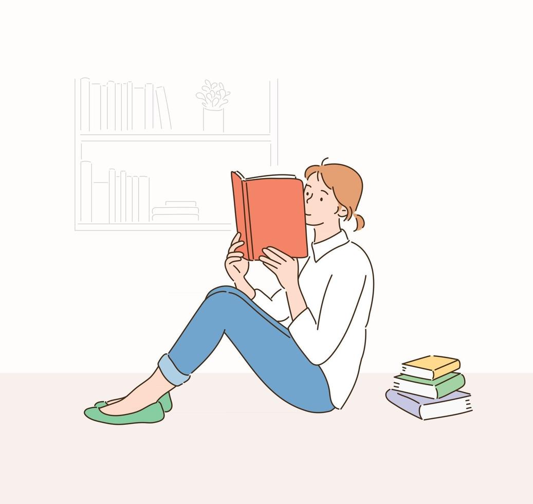 A woman is reading a pile of books on the floor. hand drawn style vector design illustrations.