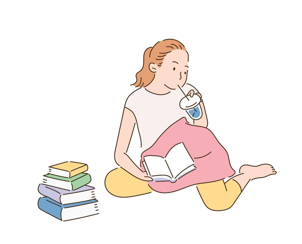 A girl is reading a book with a stack of books, drinking a drink. hand drawn style vector design illustrations.