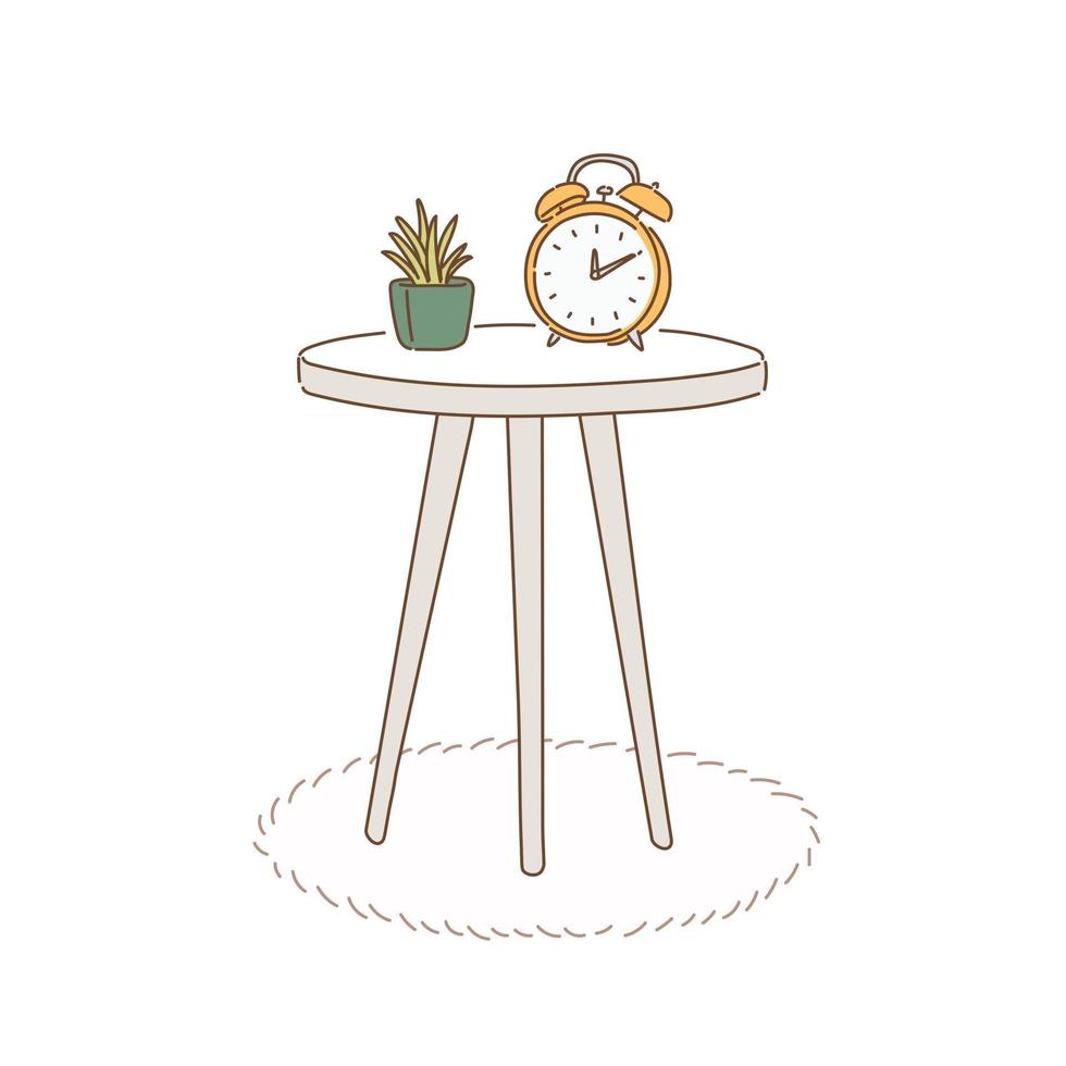 Clock and cactus flowerpot on a small table. hand drawn style vector design illustrations.