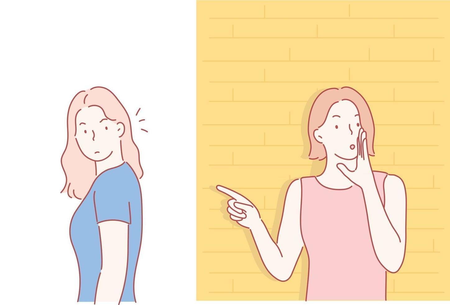 A woman is hiding behind a wall, pointing a finger at another woman and spreading rumors. hand drawn style vector design illustrations.