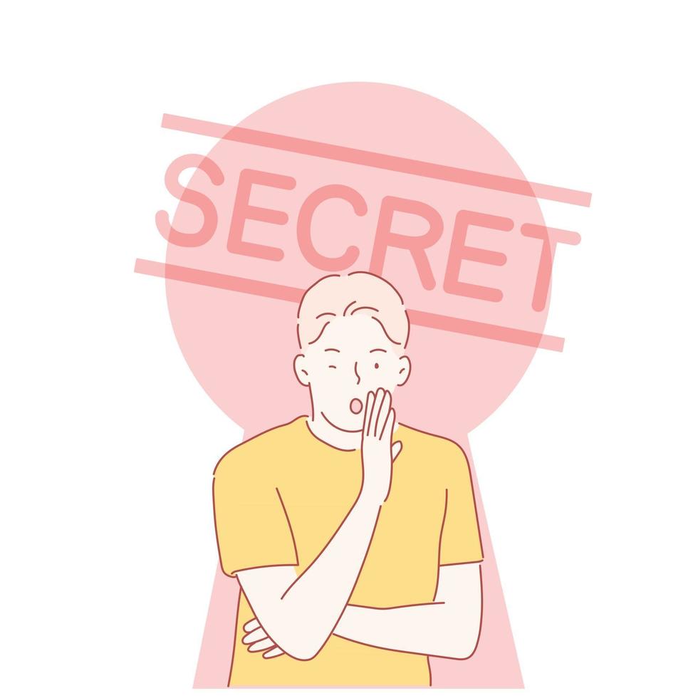 A man is covering his mouth with his hand and telling a secret. hand drawn style vector design illustrations.