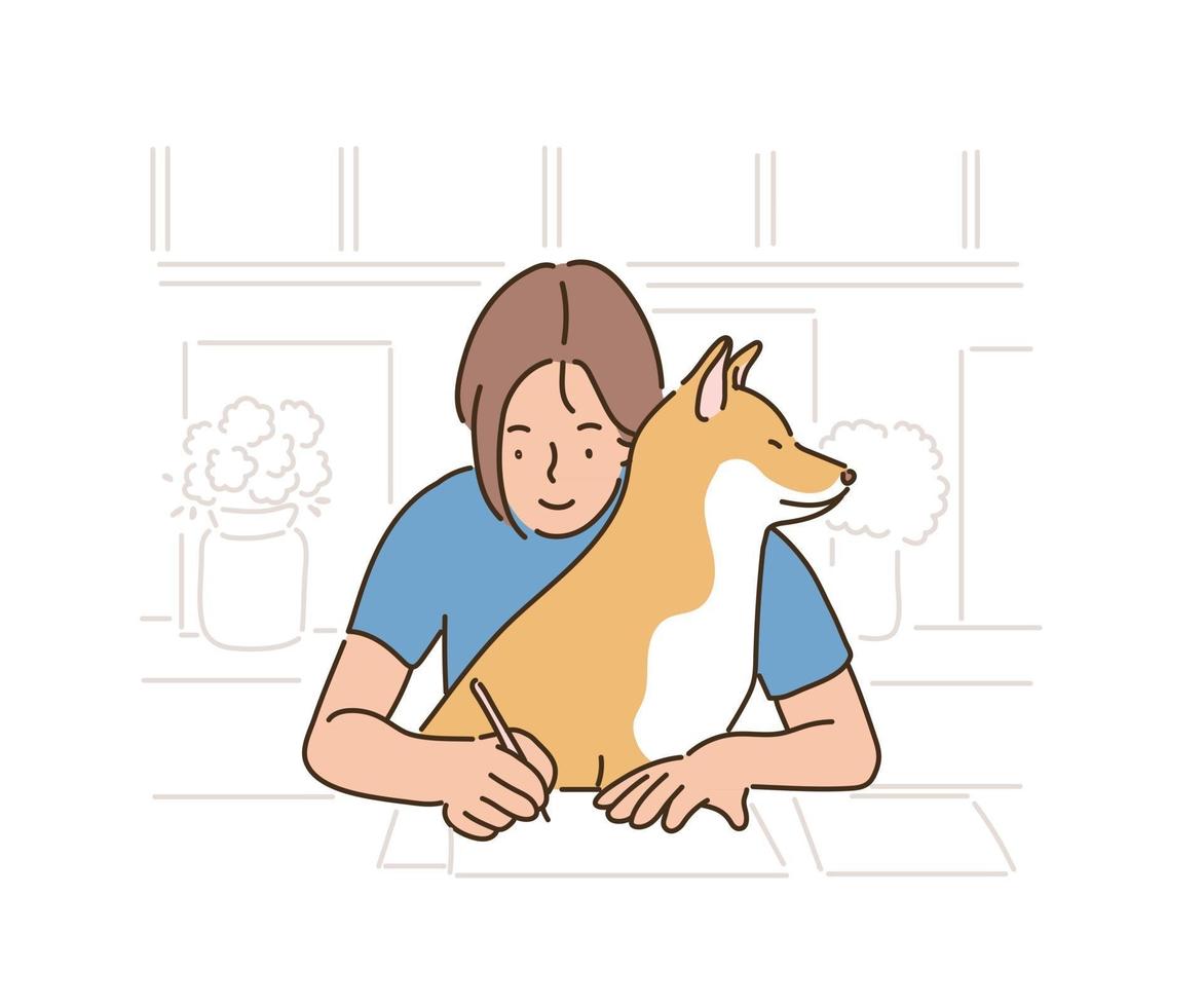 una mujer está trabajando y un perro la está molestando tiernamente. ilustraciones de diseño de vectores de estilo dibujado a mano.