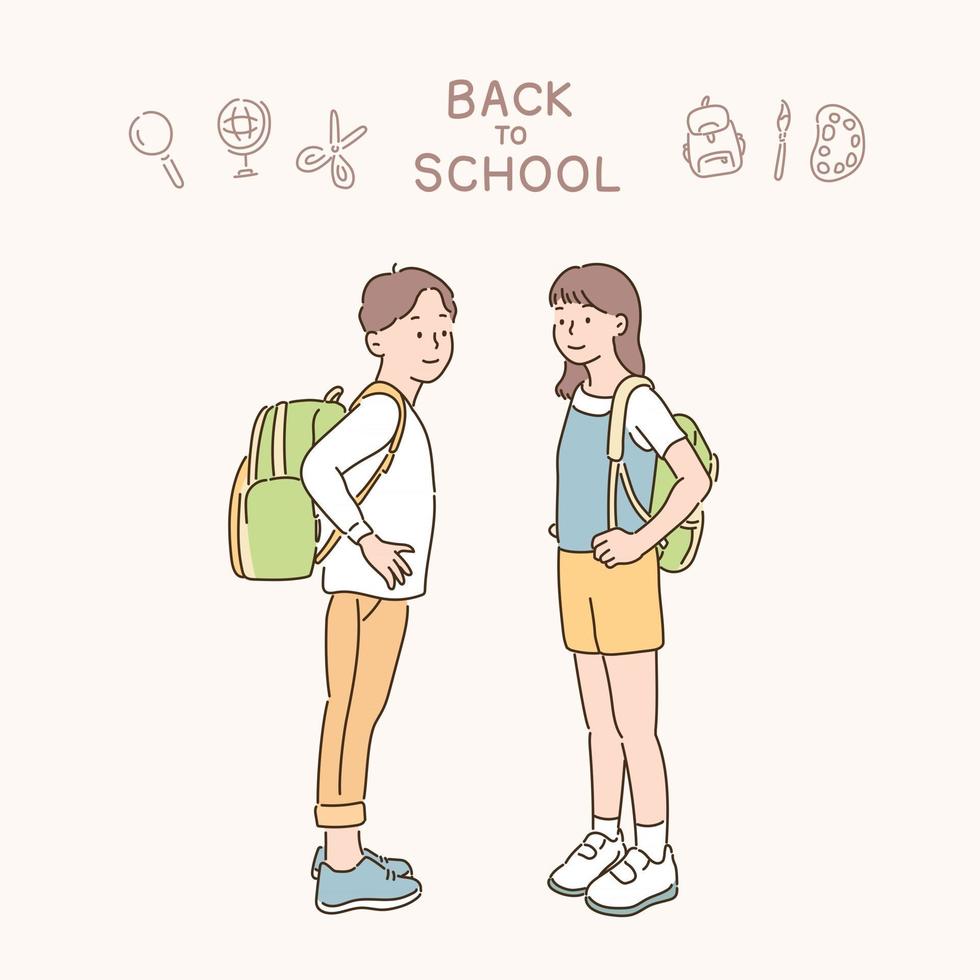 Two students with backpacks are looking back. hand drawn style vector design illustrations.