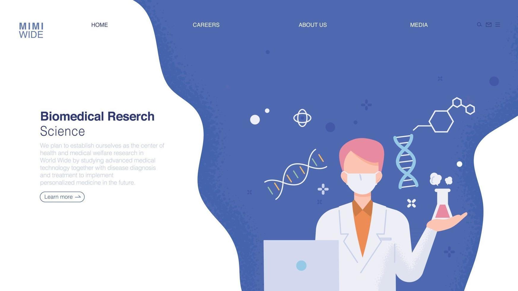 A researcher is doing research in a laboratory, and a gene is floating around him. doing research Web page concept template design. vector