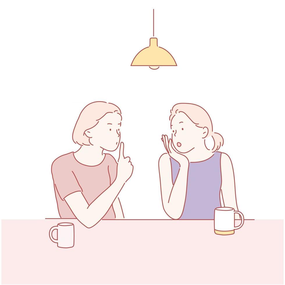 Two friends are sitting in a cafe and telling a secret. hand drawn style vector design illustrations.