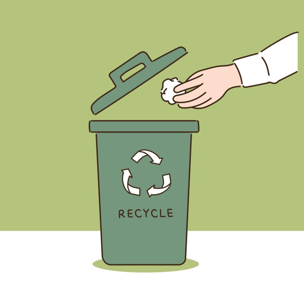 Hand throwing garbage in green recycling bin. hand drawn style vector design illustrations.