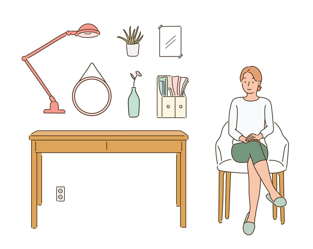 A woman sitting on a chair and interior accessories. hand drawn style vector design illustrations.