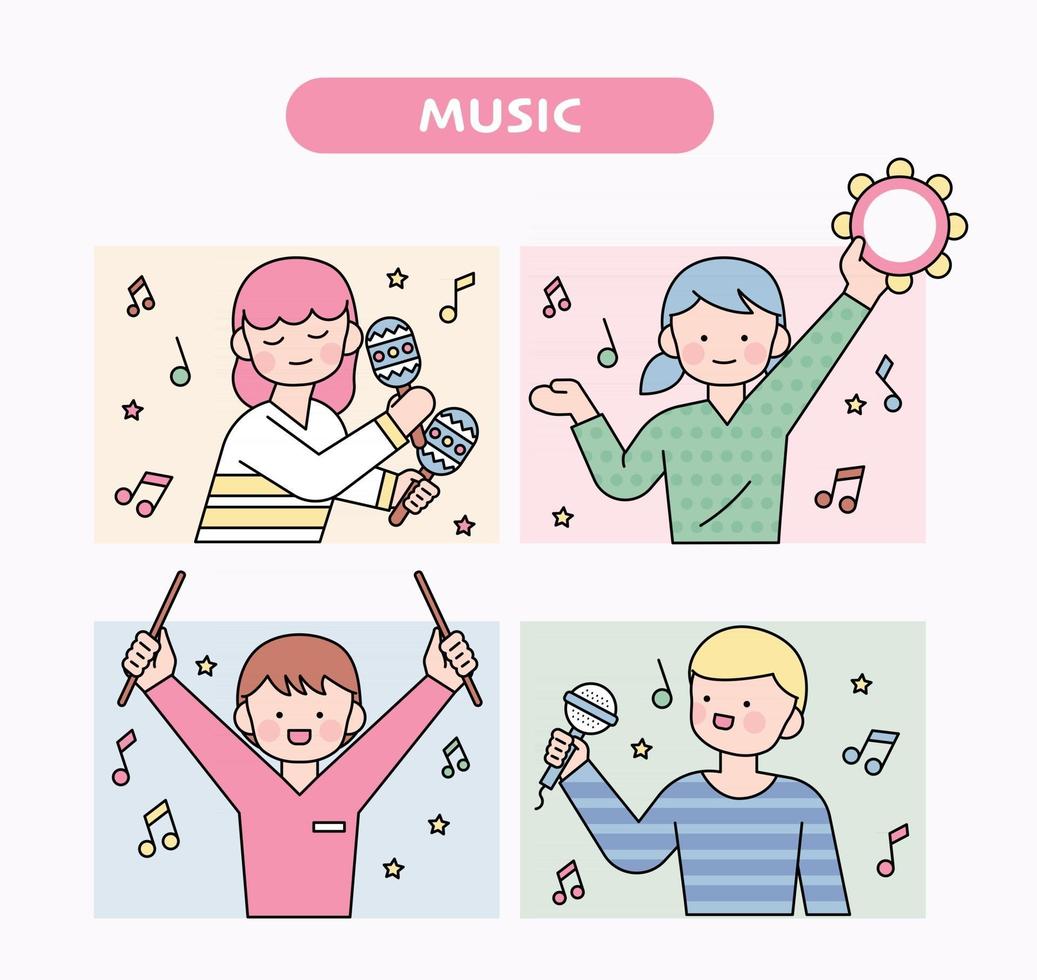 lindos niños tocando instrumentos musicales y divirtiéndose. Ilustración de vector mínimo de estilo de diseño plano.