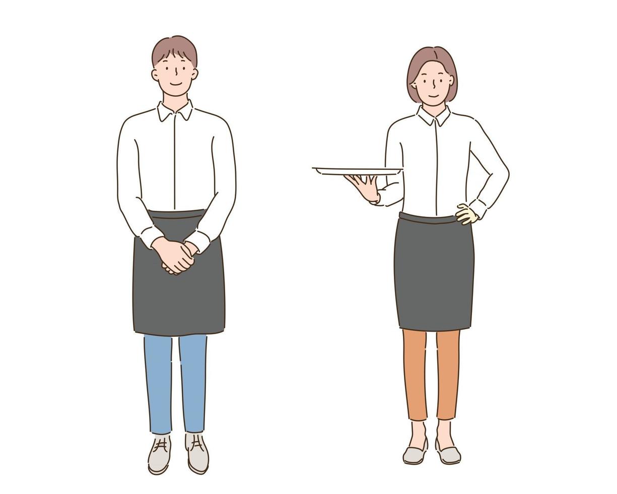 Male and female waiters in black apron. hand drawn style vector design illustrations.