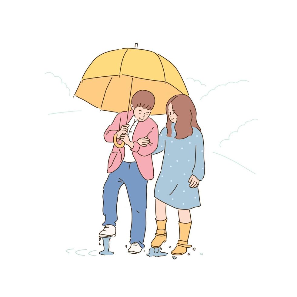 Cute boy and girl walking together in the rain with umbrellas. hand drawn style vector design illustrations.