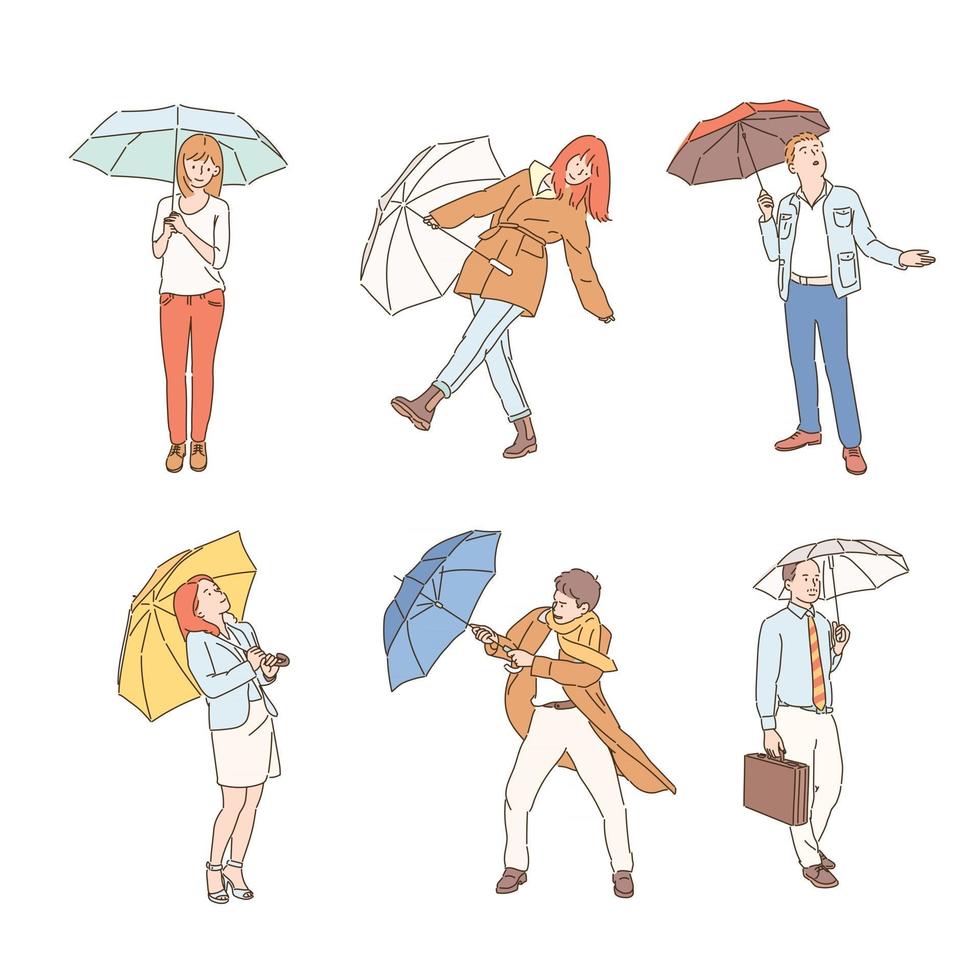 colección de personajes de personas con paraguas en un día lluvioso. ilustraciones de diseño de vectores de estilo dibujado a mano.