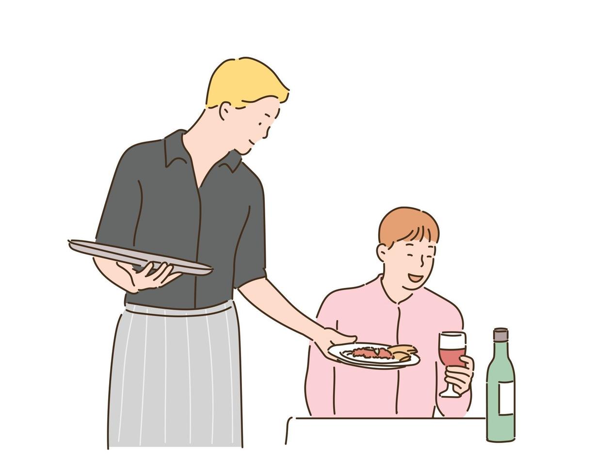 A man is drinking wine in a restaurant and a waiter is serving food. hand drawn style vector design illustrations.